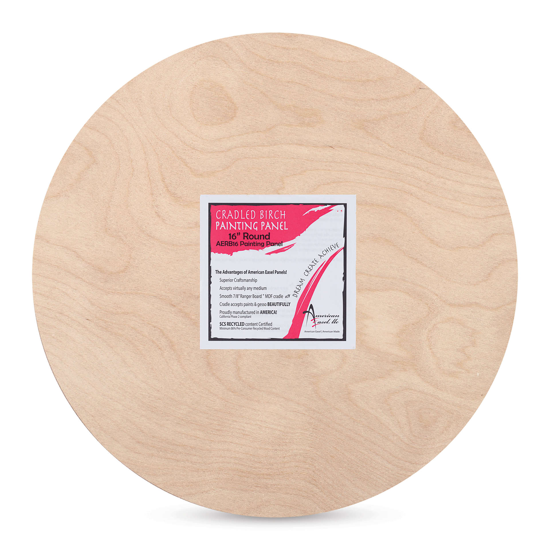 American Easel Cradled Round Birch Painting Panel - 16" Dia. x 7/8" D (Front view with label)
