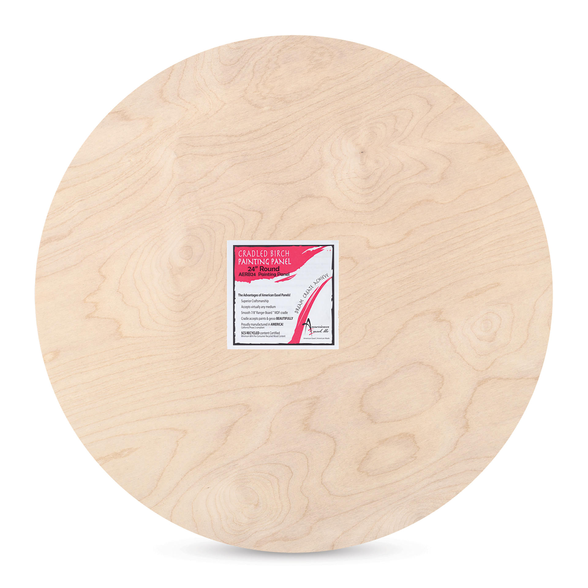American Easel Cradled Round Birch Painting Panel - 24" Dia. x 7/8" D (Front view with label)