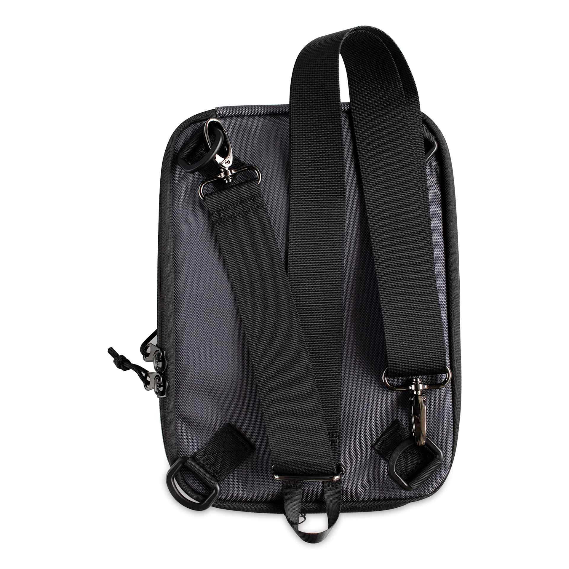 Etchr Nano Satchel - Grey, demonstrating crossed shoulder strap configuration