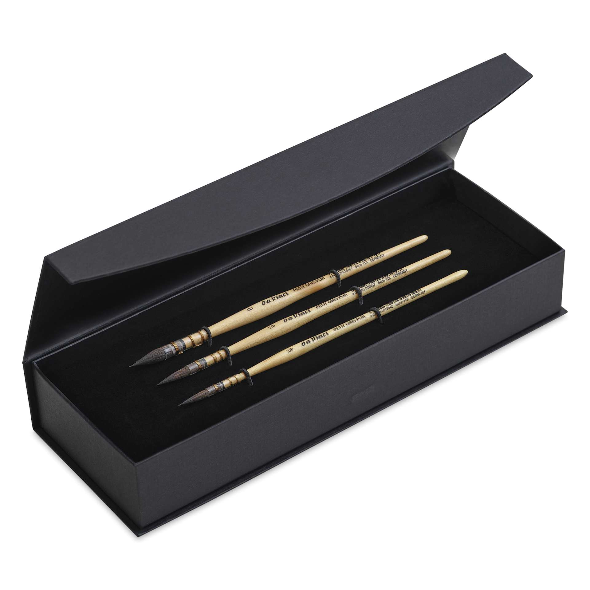 Da Vinci Petit Gris Pur Blue Squirrel Brush - 4015 Quill, Set of 6, gift box lid open