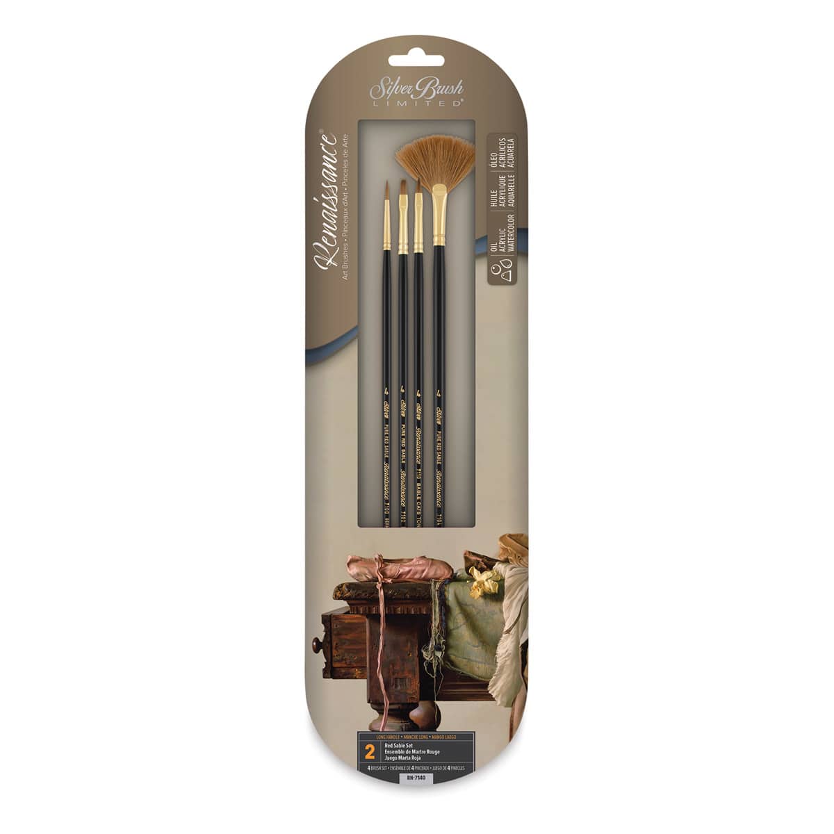 Silver Brush Renaissance Red Sable Brush Set - Oil/Acrylic, Long Handle, Set of 4 (in package)