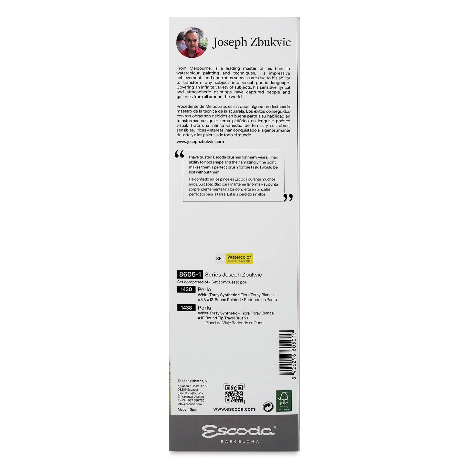 Escoda Signature Brush Set 1 - Joesph Zbukvic, back of the packaging