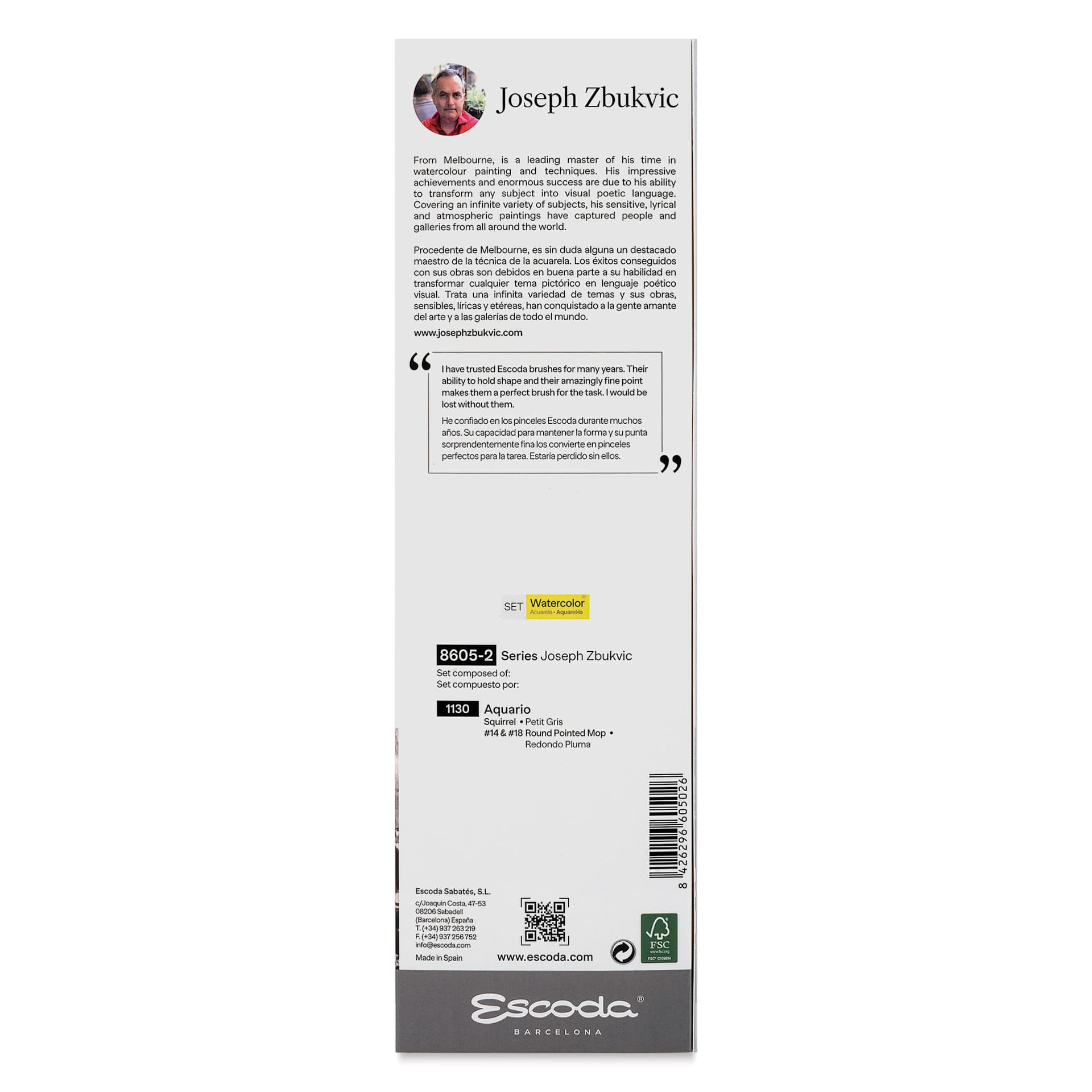 Escoda Signature Brush Set 2 - Joesph Zbukvic, back of the packaging