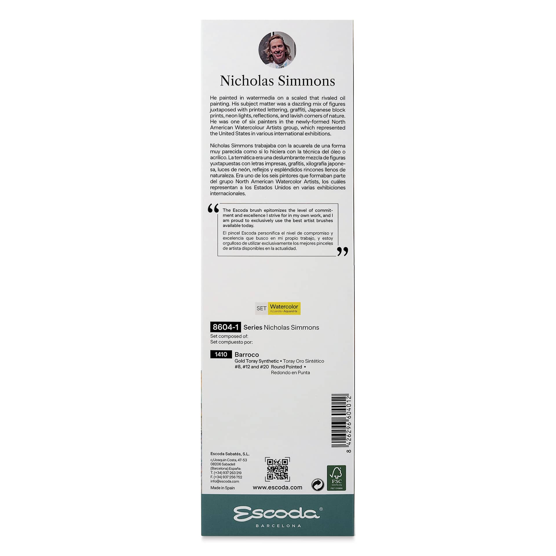 Escoda Signature Brush Set 1 - Nicholas Simmons, back of the packaging