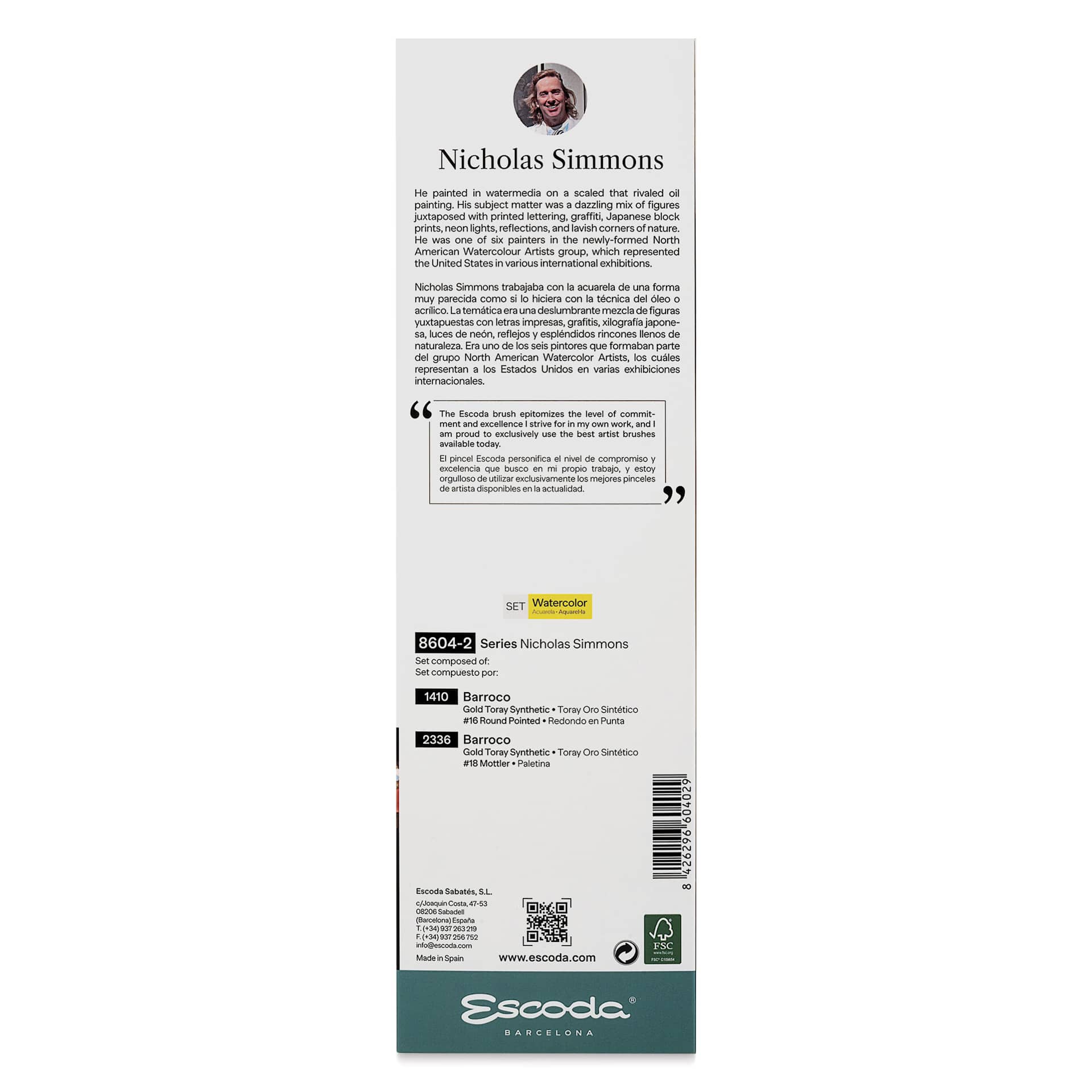 Escoda Signature Brush Set 2 - Nicholas Simmons, back of the packaging