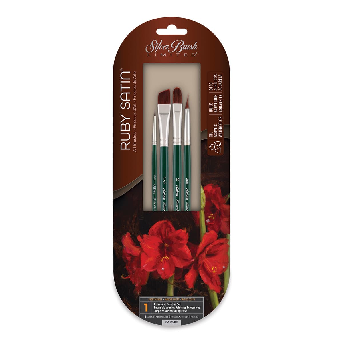 Silver Brush Ruby Satin Synthetic Brushes - Basics, Set of 4, Short Handle (front of package)