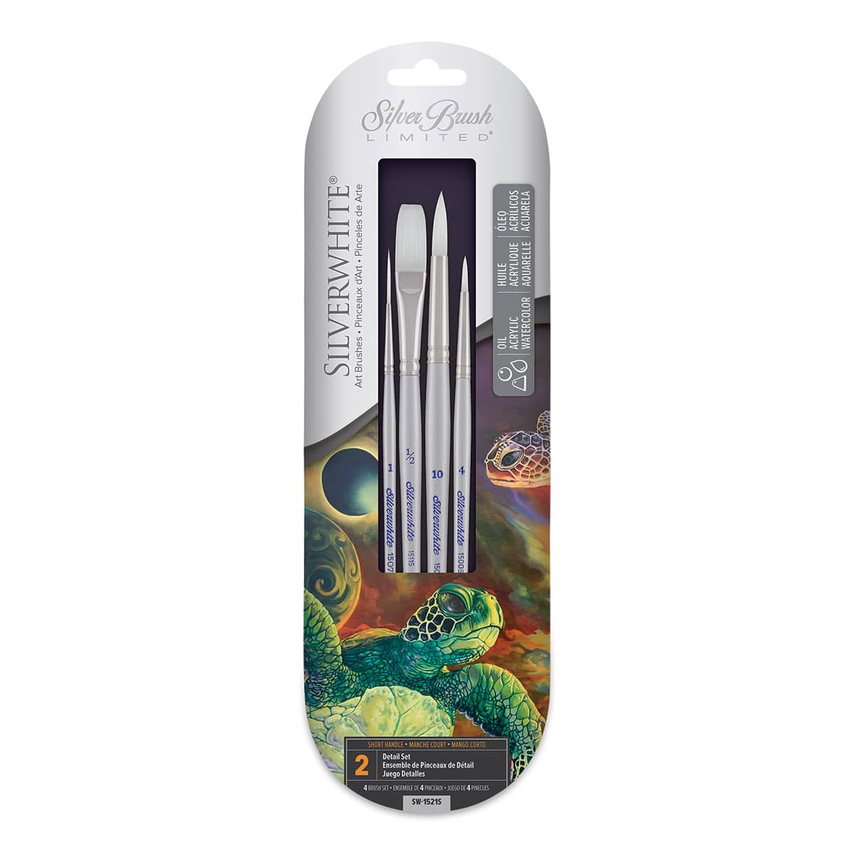 Silverwhite Soft Synthetic Brushes - Front of package of 4 pc Detail set