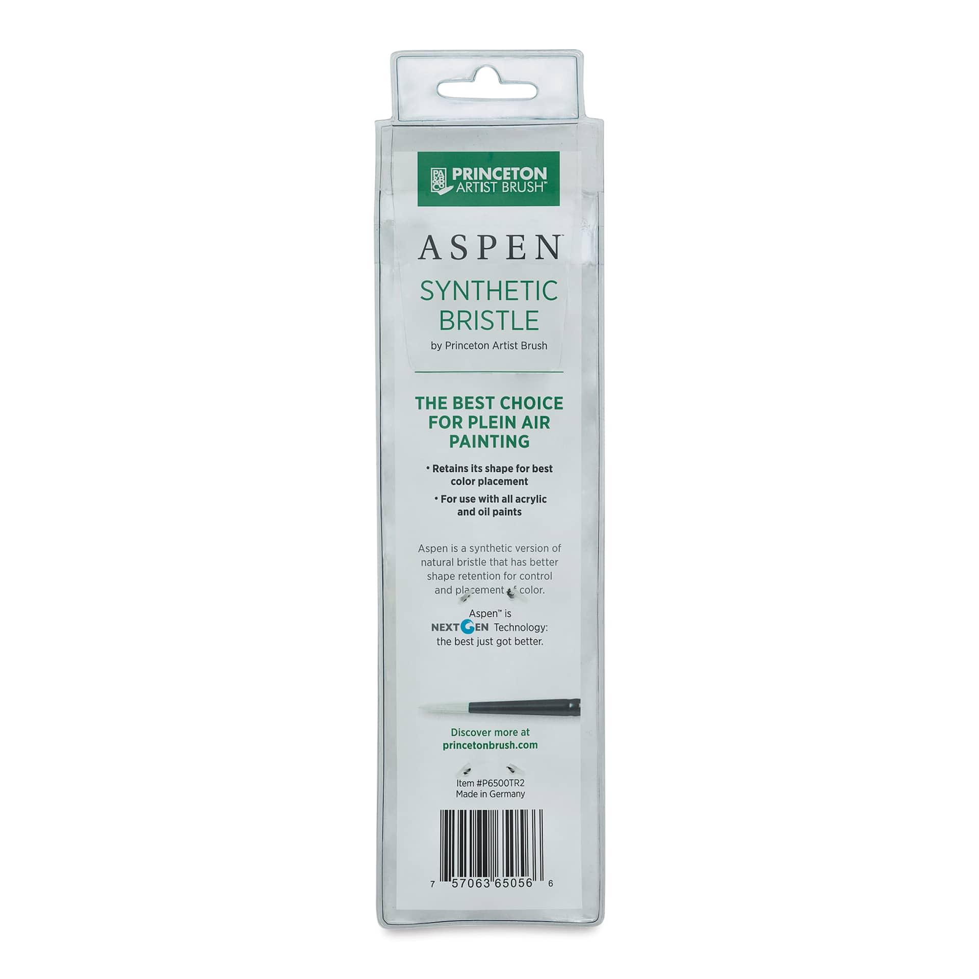 Princeton Aspen Series 6500 Synthetic Travel Brush - Round, Size 2 back of package