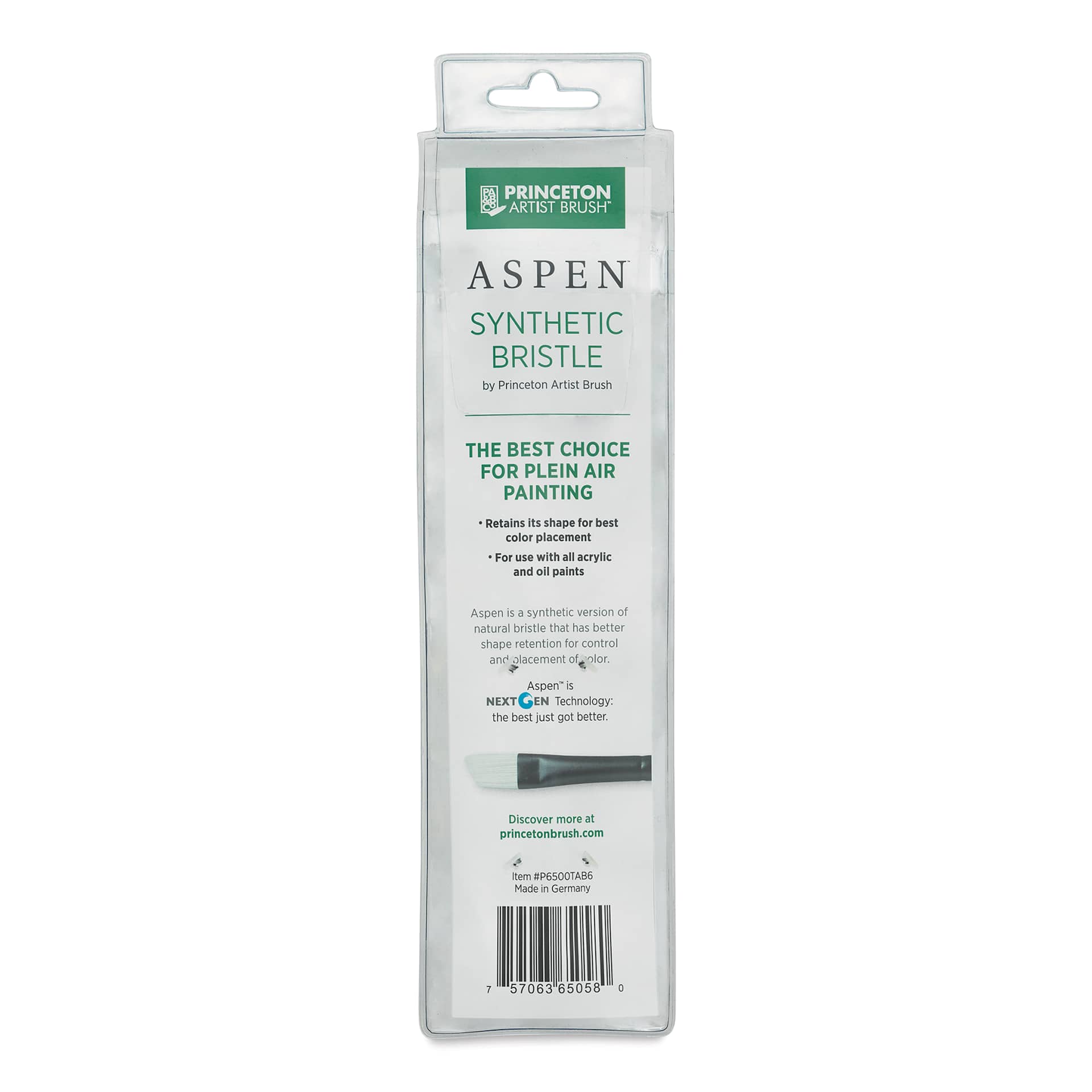 Princeton Aspen Series 6500 Synthetic Travel Brush - Angle Bright, Size 6 back of package