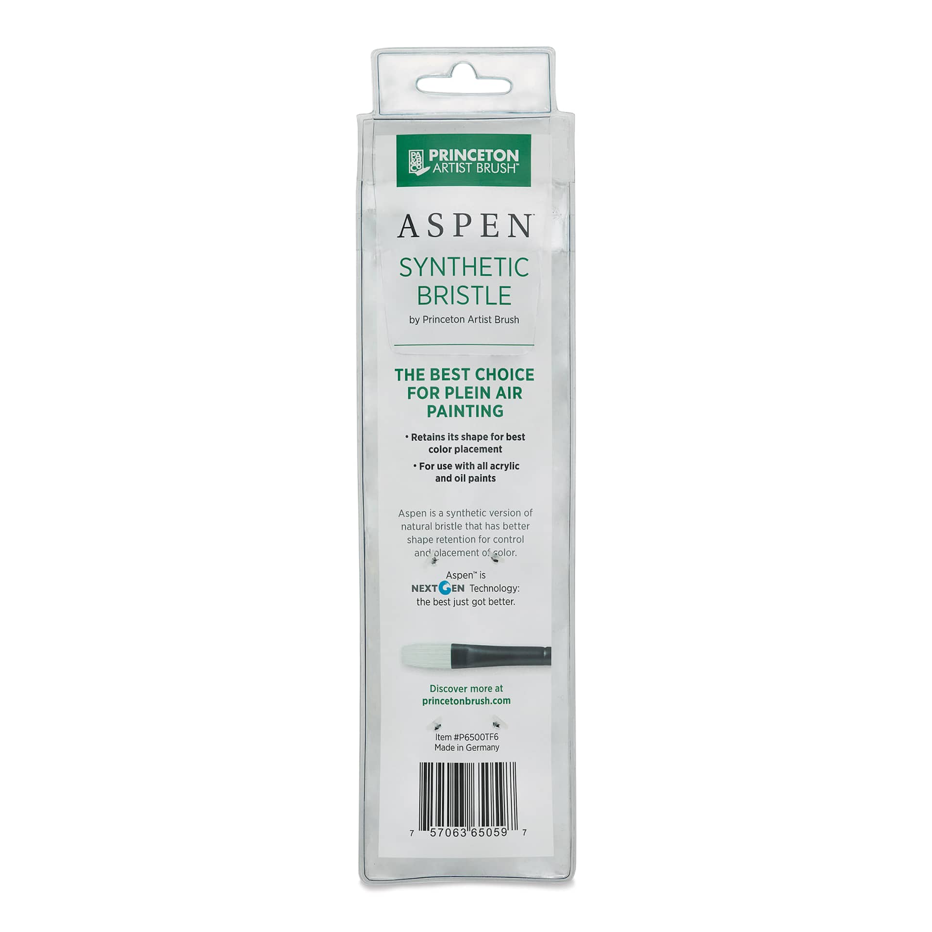 Princeton Aspen Series 6500 Synthetic Travel Brush - Flat, Size 6 back of package