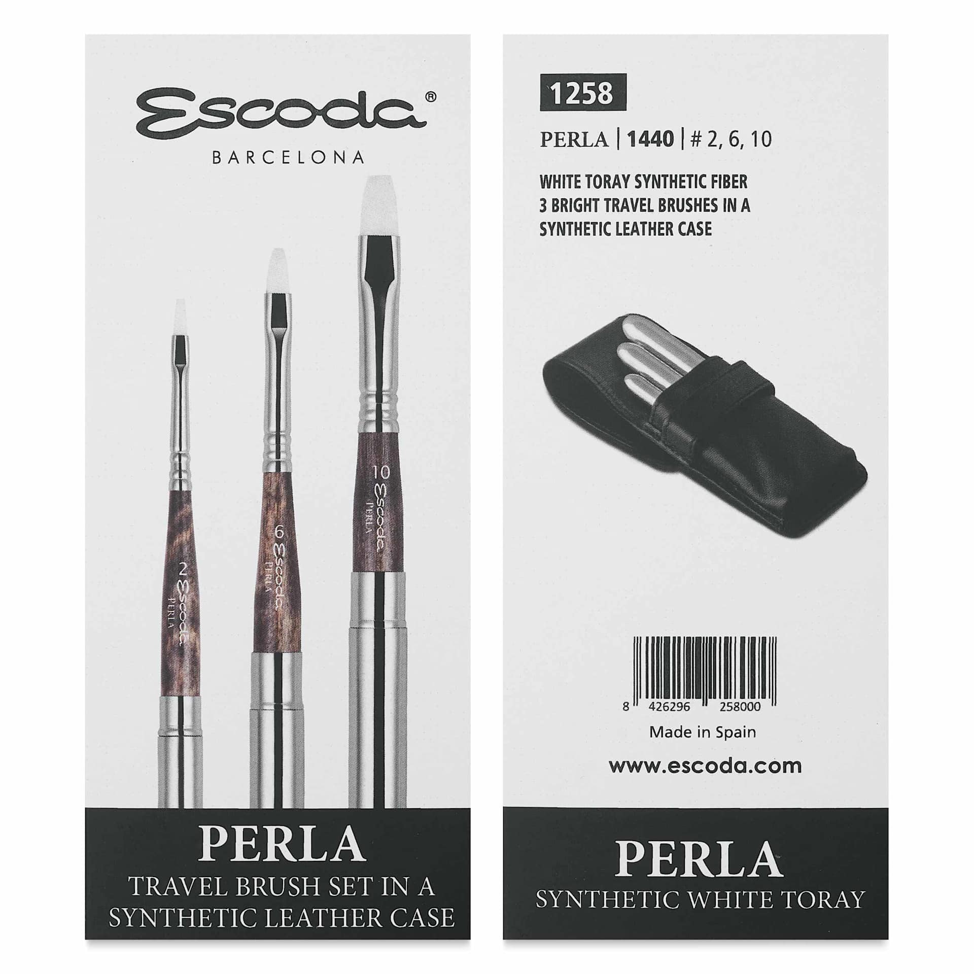 Escoda Perla Toray White Synthetic Travel Brushes - Set of 3, Bright, front and back of packaging
