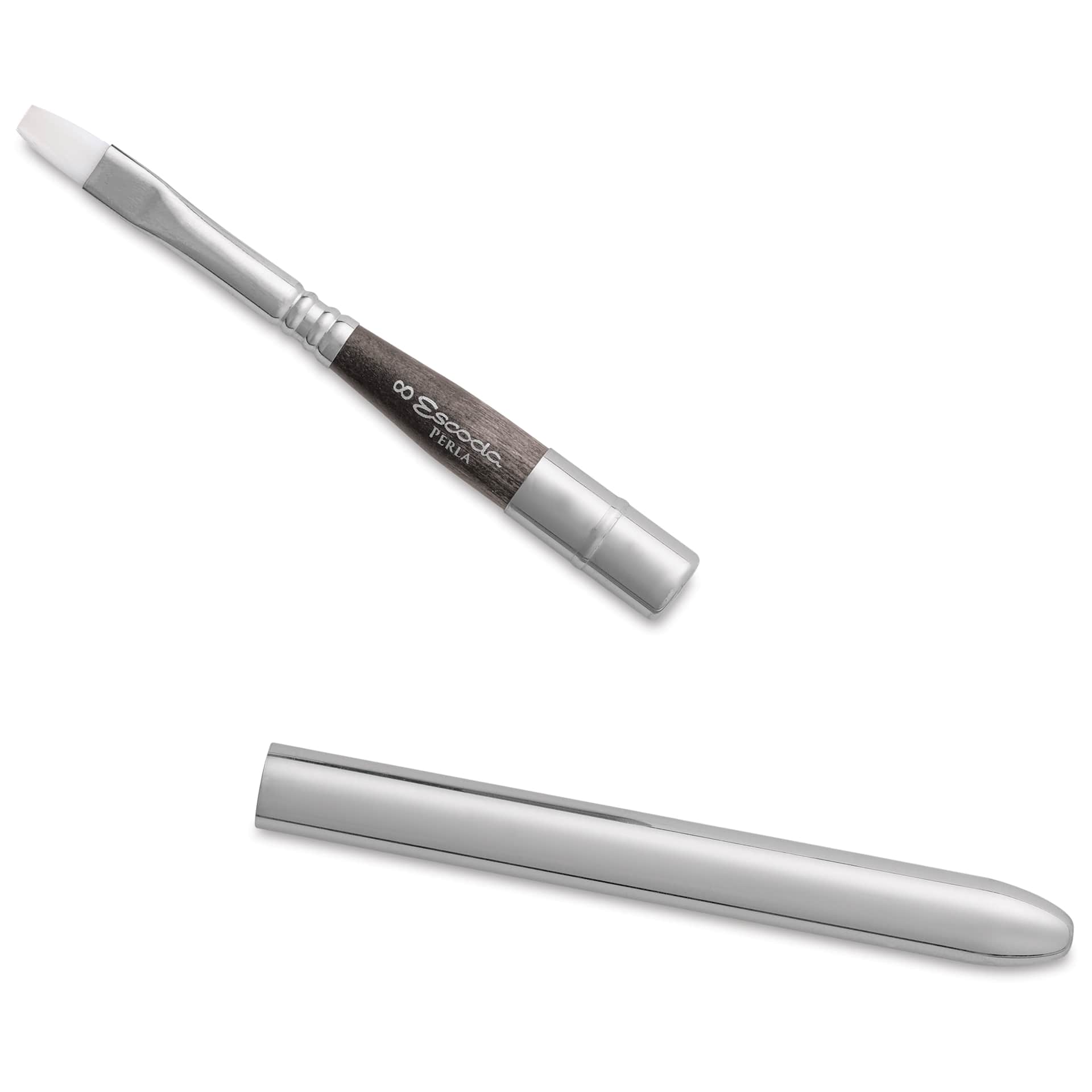 Escoda Perla Toray White Synthetic Travel Brush - Bright, Short Handle, Size 8, handle and brush top