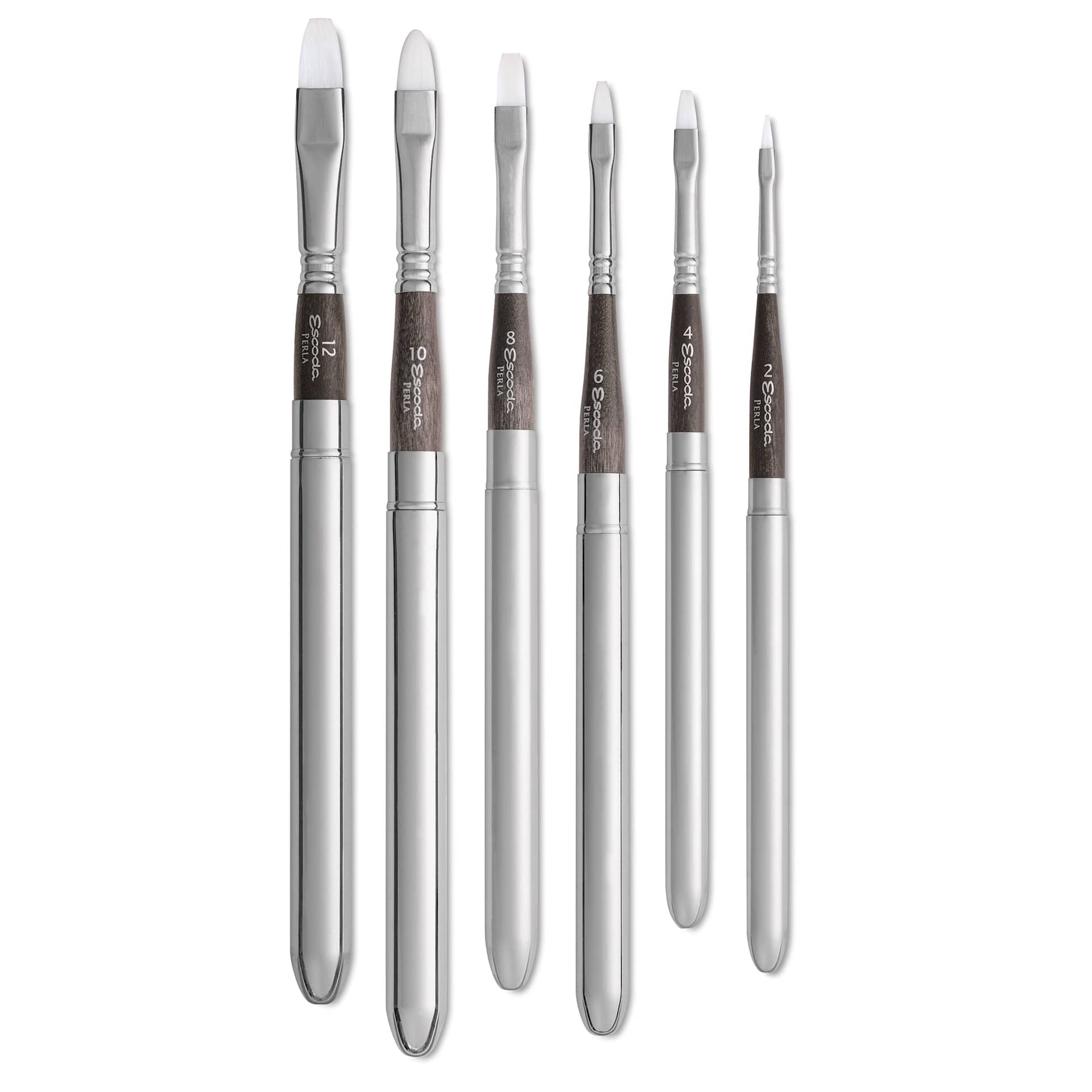 Escoda Perla Toray White Synthetic Travel Bright Brushes laid out Escoda Perla Toray White Synthetic Travel Bright Brushes laid out