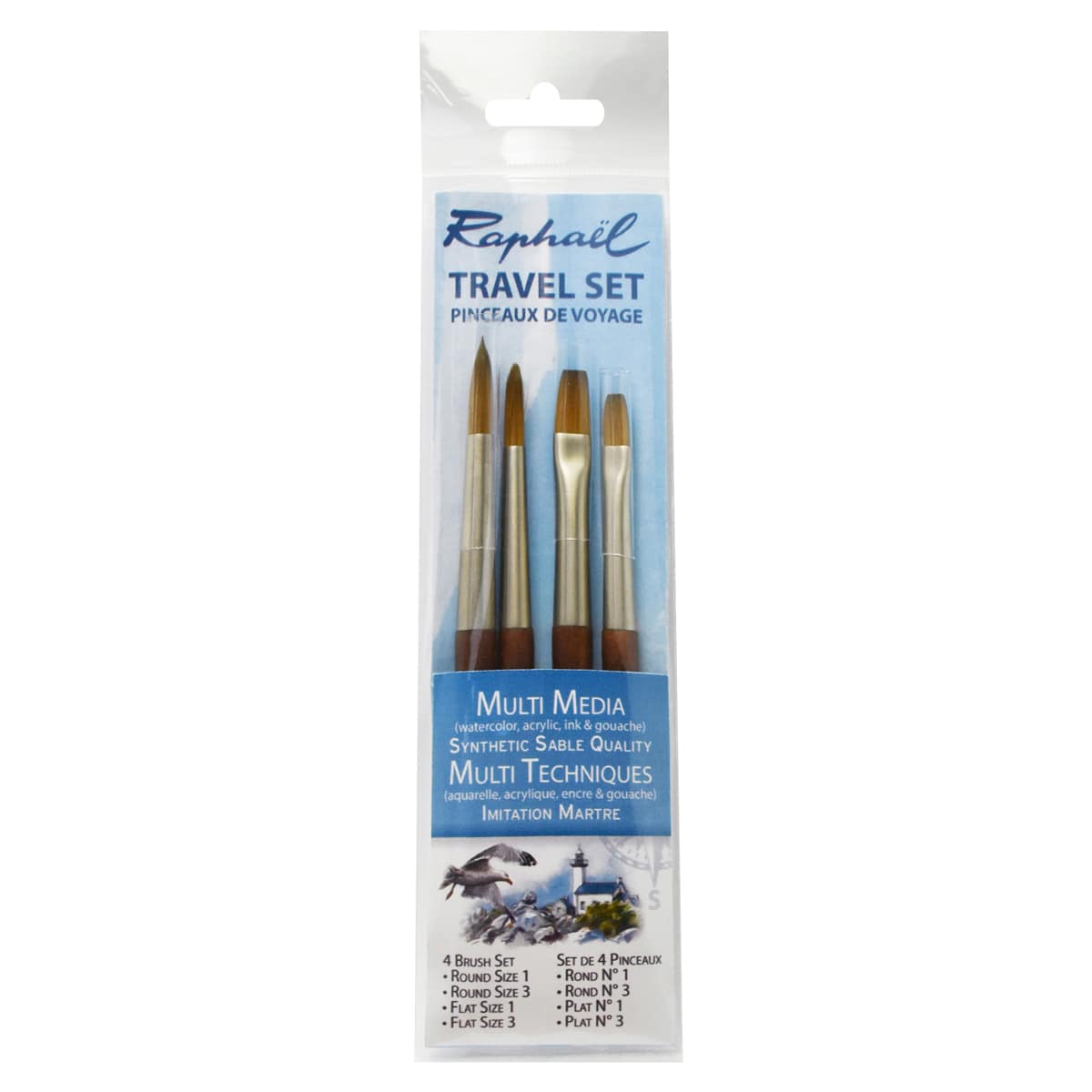 Raphaël Precision Mini Brushes - Set of 4, Short Handle, Travel Flat and Round