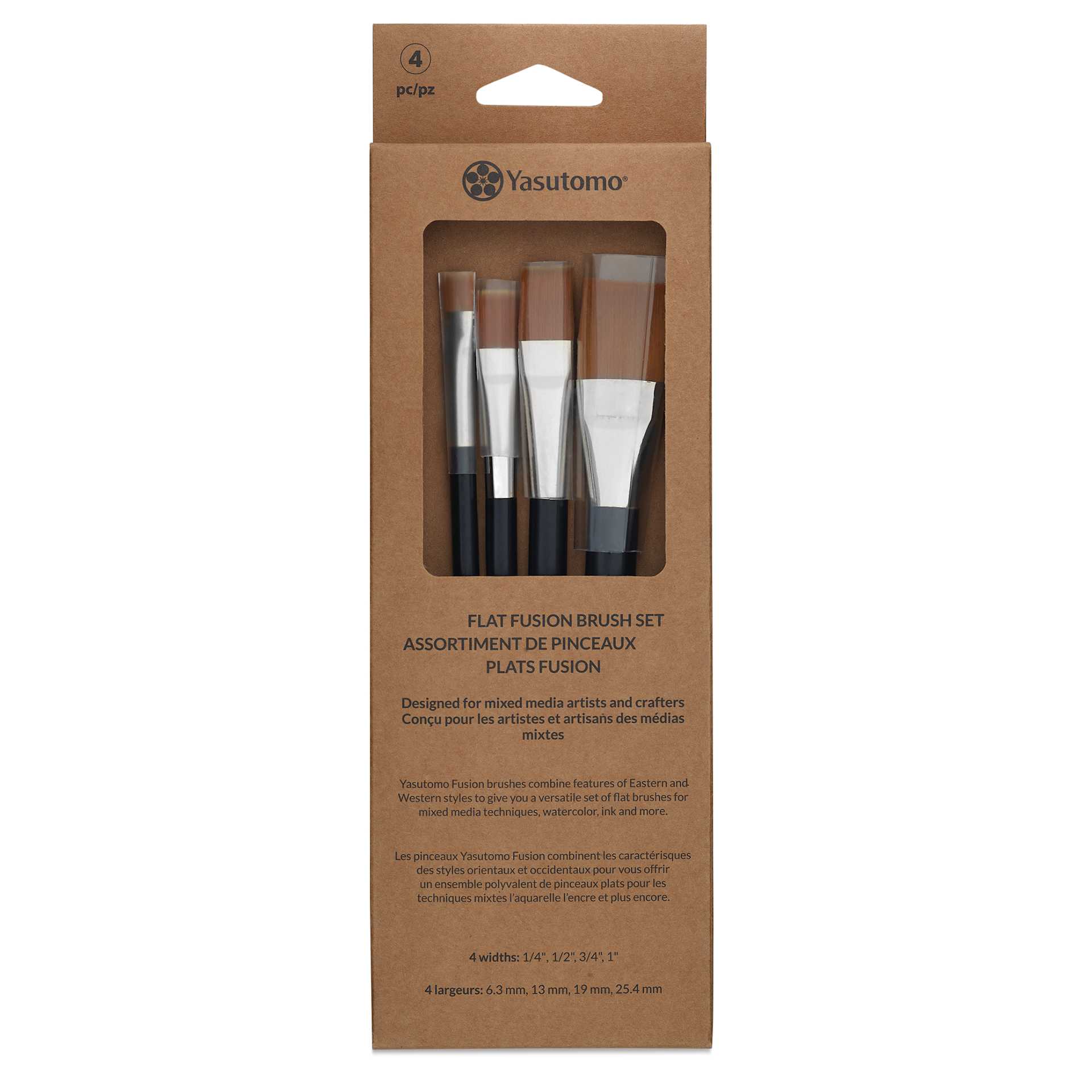 Yasutomo Fusion Synthetic Brushes - Flat, Short Handle, Set of 4, front of the packaging