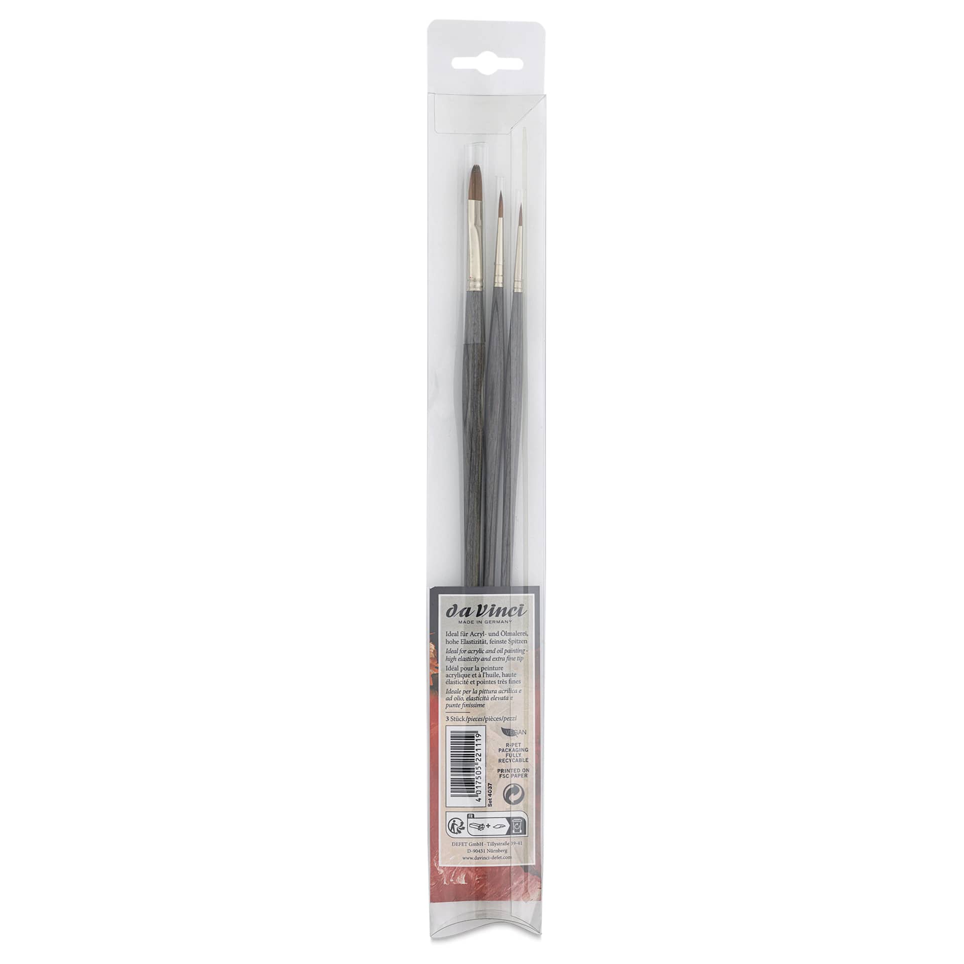 Da Vinci Colineo Synthetic Kolinsky Sable Brushes - Set of 3, Long Handle, Set 4037, back of pack
