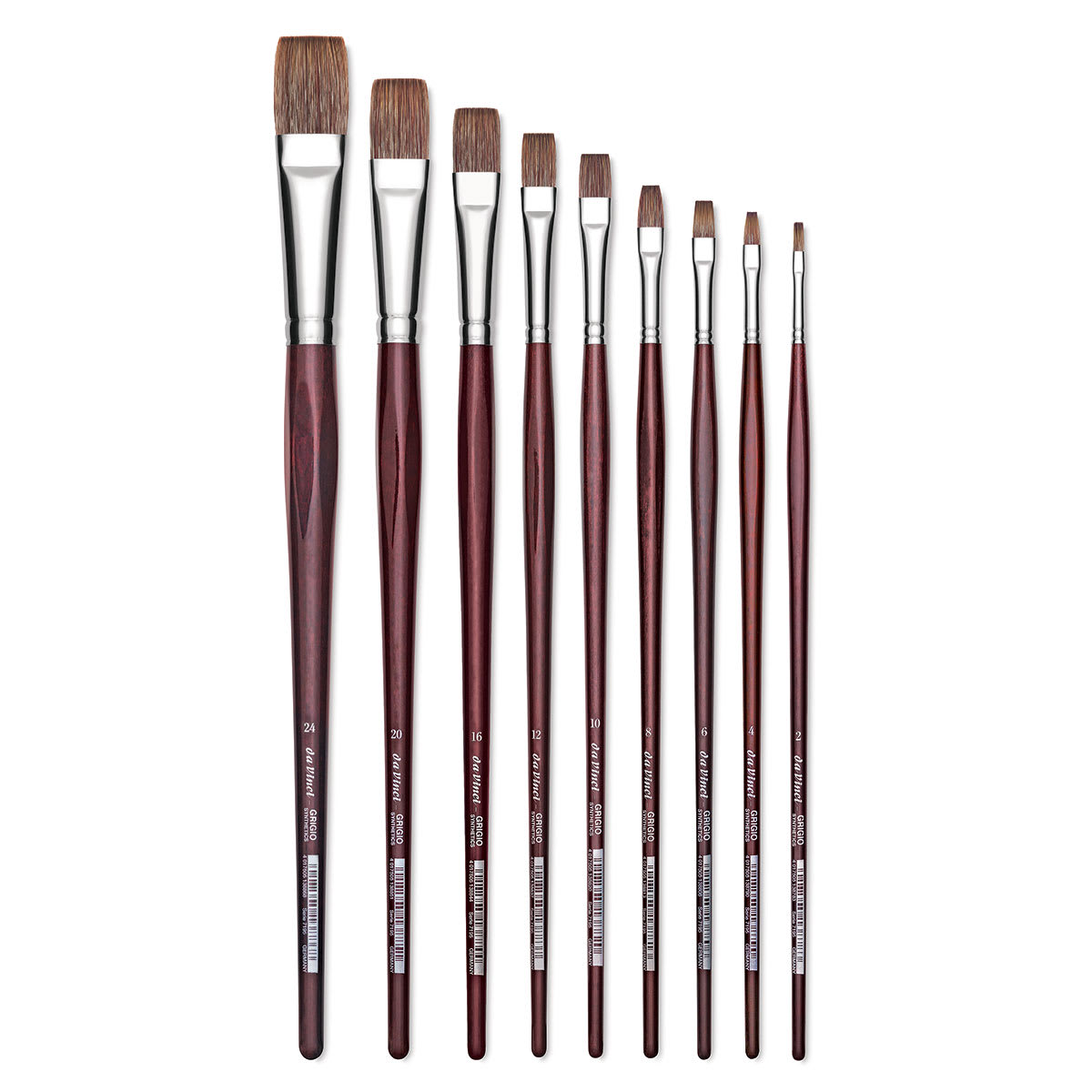 Da Vinci Grigio Synthetic Brushes - 9 sizes of Flat brushes shown upright
