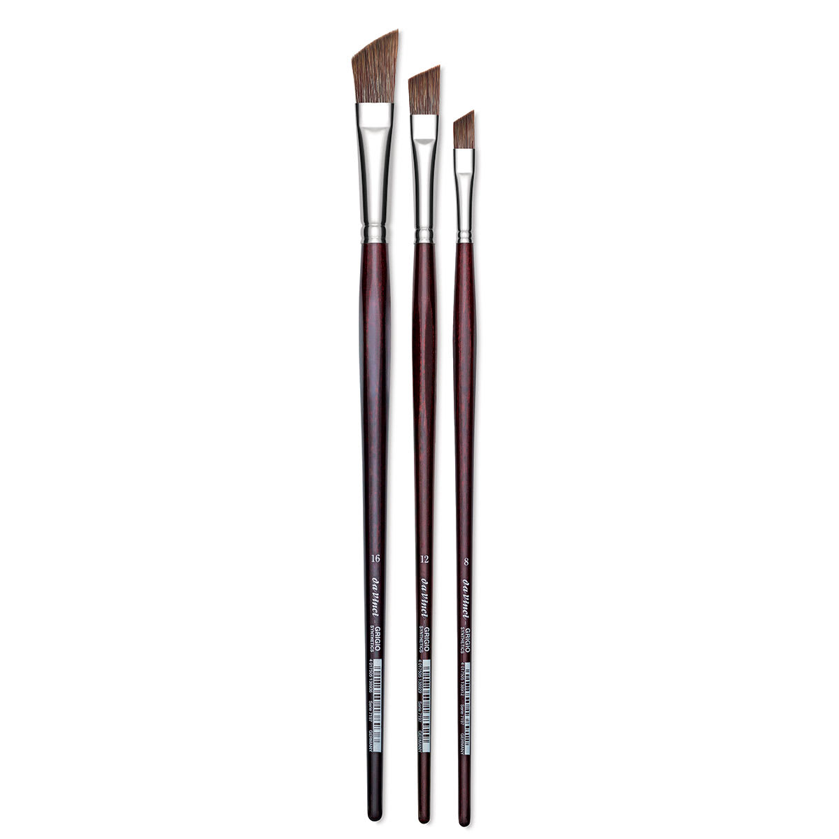 Da Vinci Grigio Synthetic Brushes - 3 sizes of Slant Brushes shown upright
