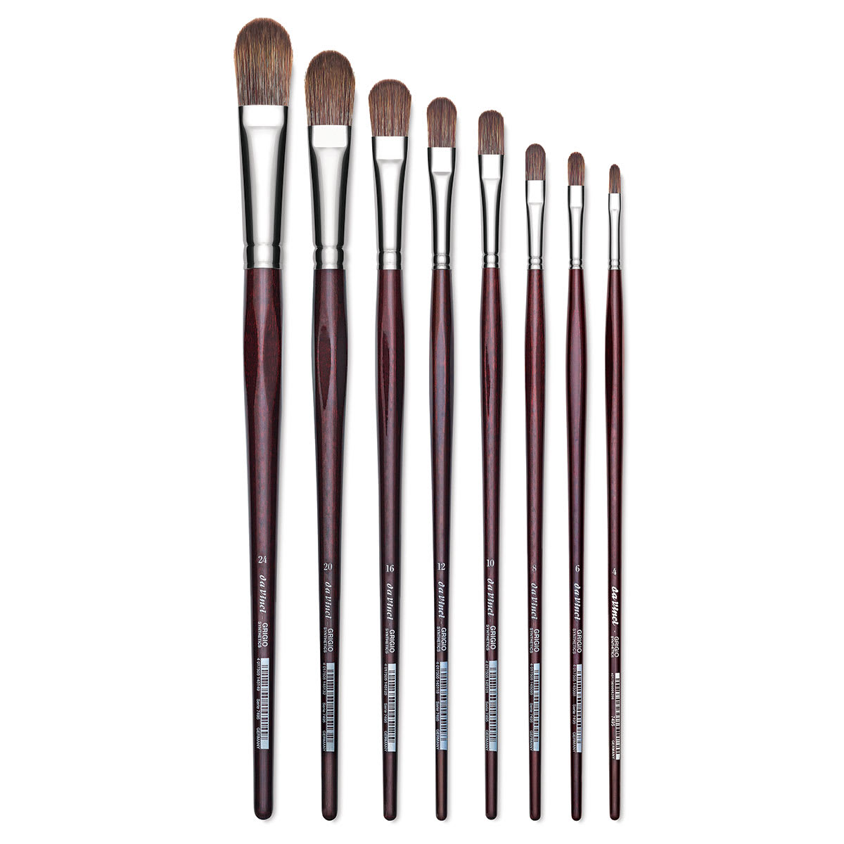 Da Vinci Grigio Synthetic Brushes - 8 sizes of Filbert brushes shown upright