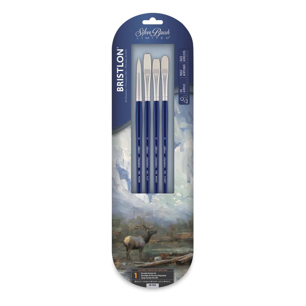 Silver Brush Bristlon Synthetic Bristle Brushes - Versatile Variety, Long Handle, Set of 4, front of pack