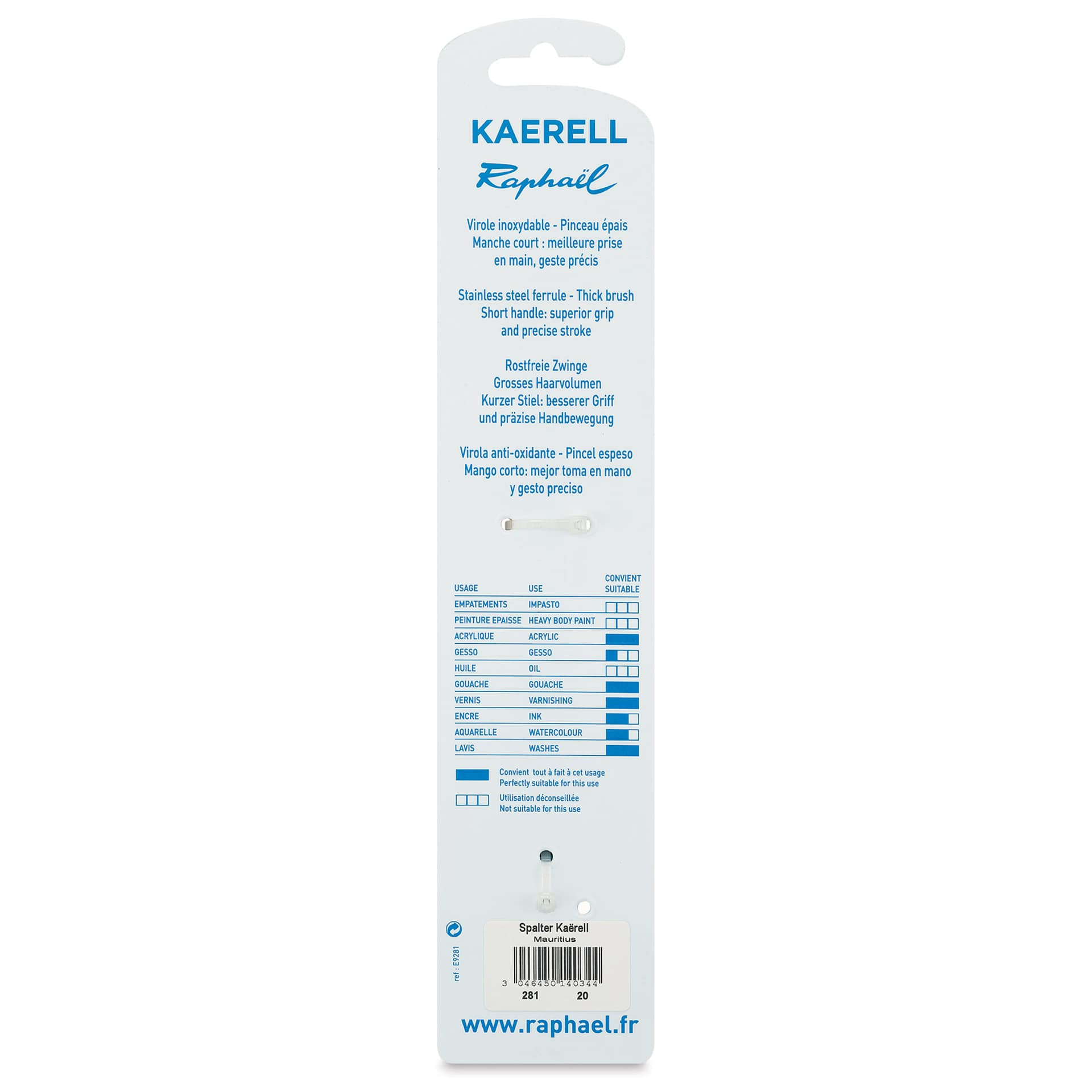 Raphael Kaerell Brush - Mixed Media Flat, Size 20, back of the packaging