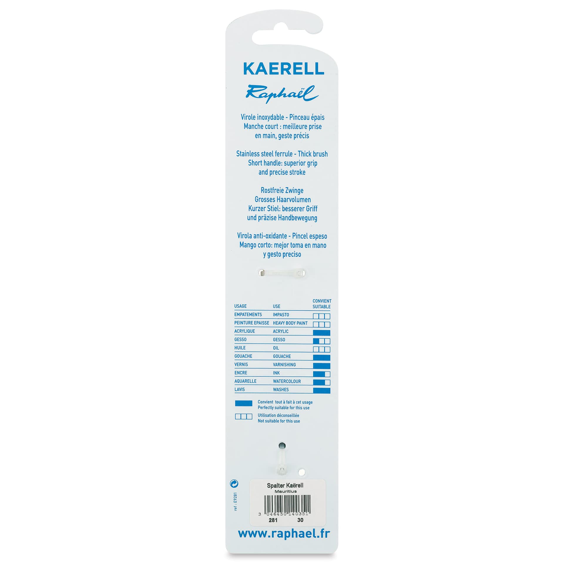 Raphael Kaerell Brush - Mixed Media Flat, Size 30, back of the packaging