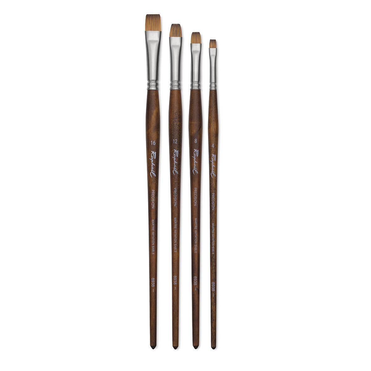 Raphaél Precision Brushes - 4 Long Handle Bright brushes shown upright