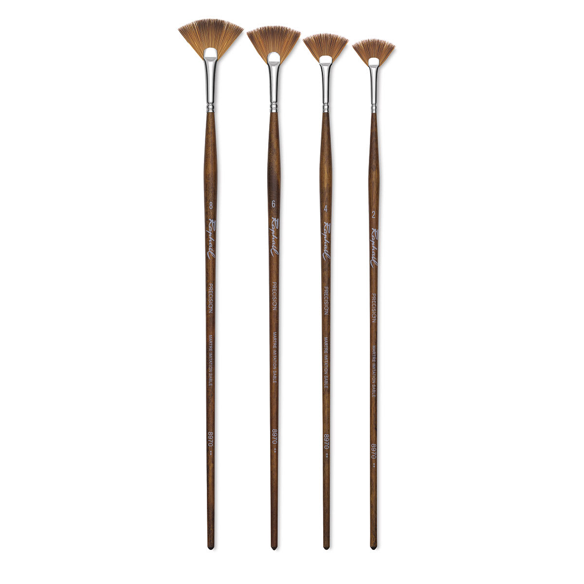 Raphaél Precision Brushes - 4 Long handle Fan brushes shown upright