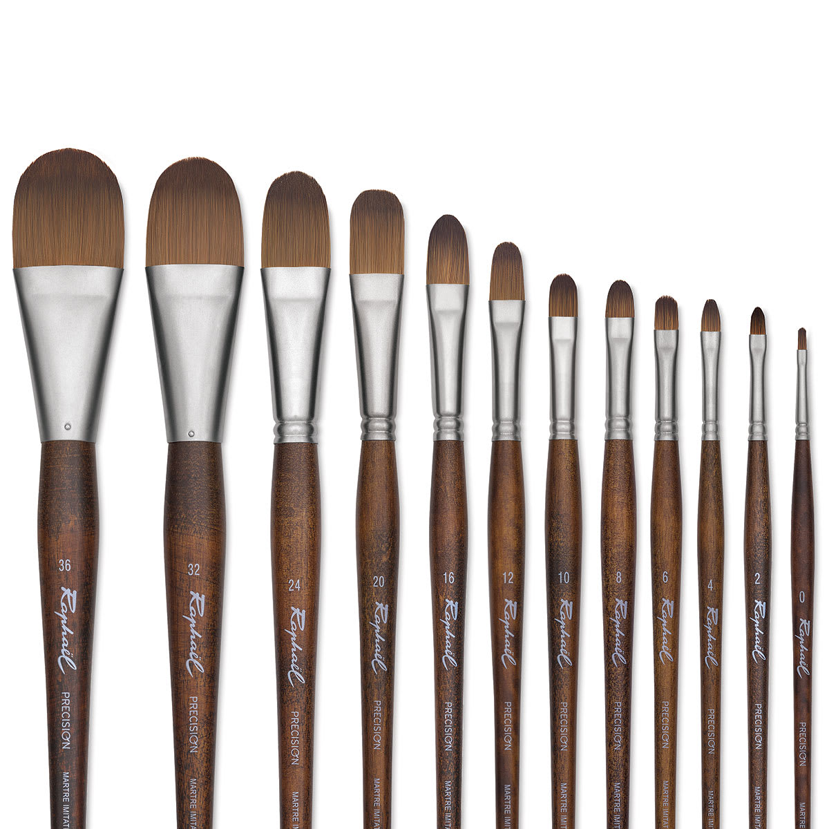 Raphaél Precision Brushes - Closeup of 12 Filbert brushes shown 