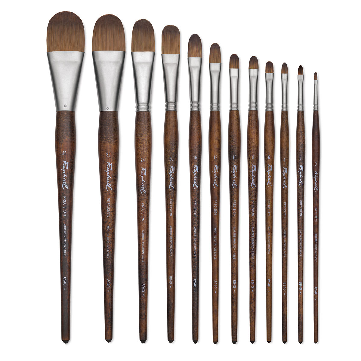 Raphaél Precision Brushes - 12 Filbert brushes shown upright