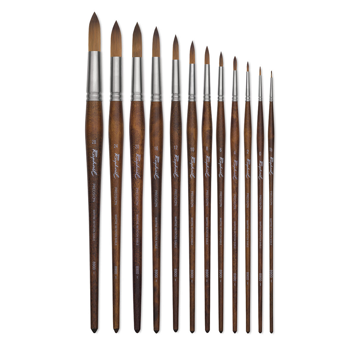 Raphaél Precision Brushes - 12 Long handled Round brushes shown upright