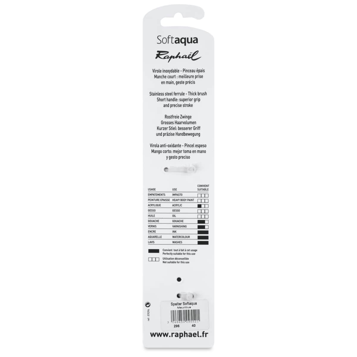 Raphaël Soft Aqua Brush - Short Handle, Large Flat, Size 40, back of the packaging Raphaël Soft Aqua Brush - Short Handle, Large Flat, Size 40, back of the packaging