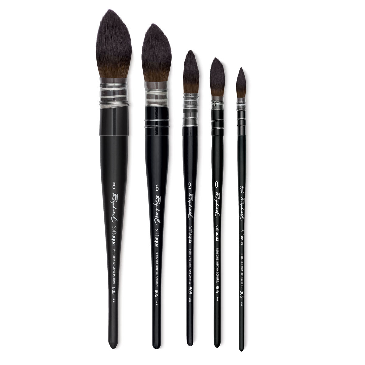 Raphaël Soft Aqua Brush - Full length shot of range of Quill brushes shown Raphaël Soft Aqua Brush - Full length shot of range of Quill brushes shown