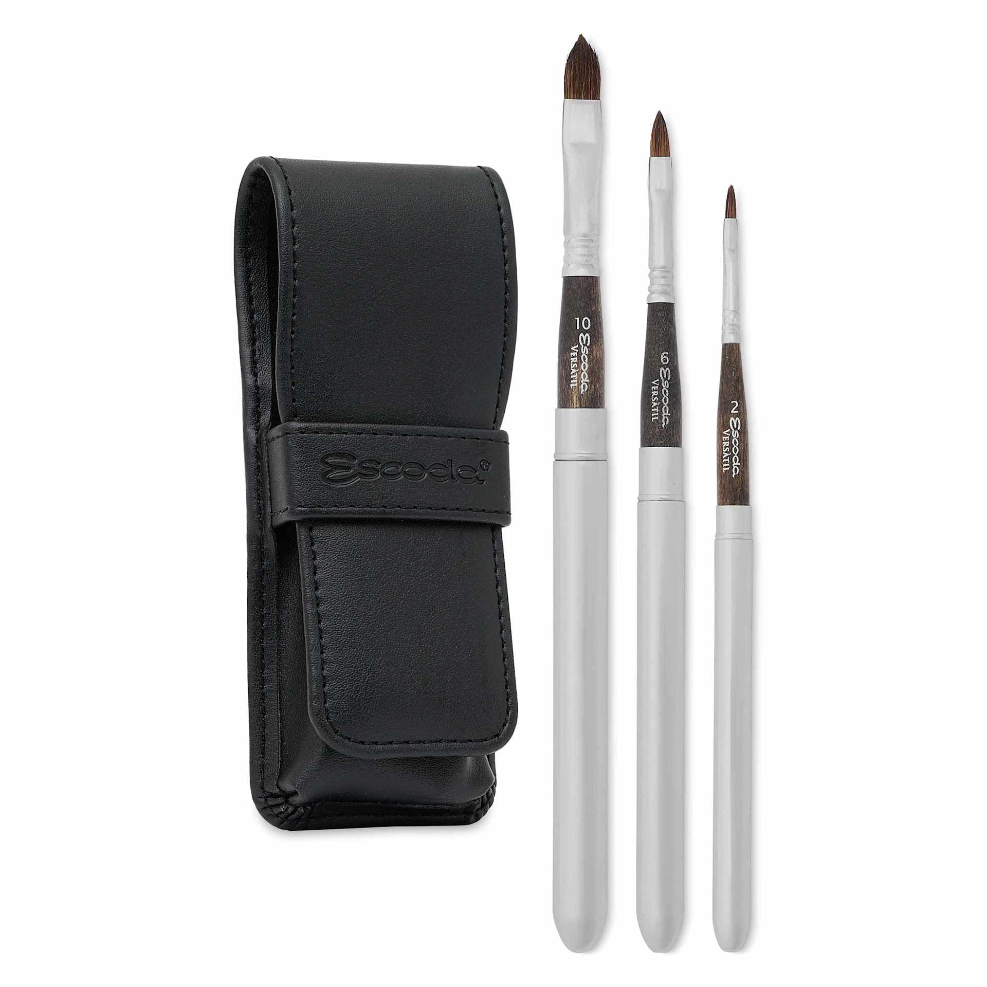 Escoda Versàtil Synthetic Kolinsky Travel Brushes - Set of 3, Filbert, with included synthetic leather carrying case.
