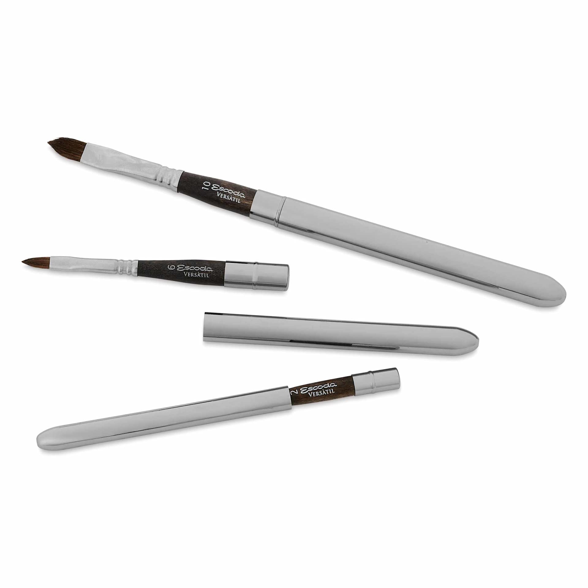 Escoda Versàtil Synthetic Kolinsky Travel Brushes - Set of 3, Filbert, full length, separated, and travel-safe.