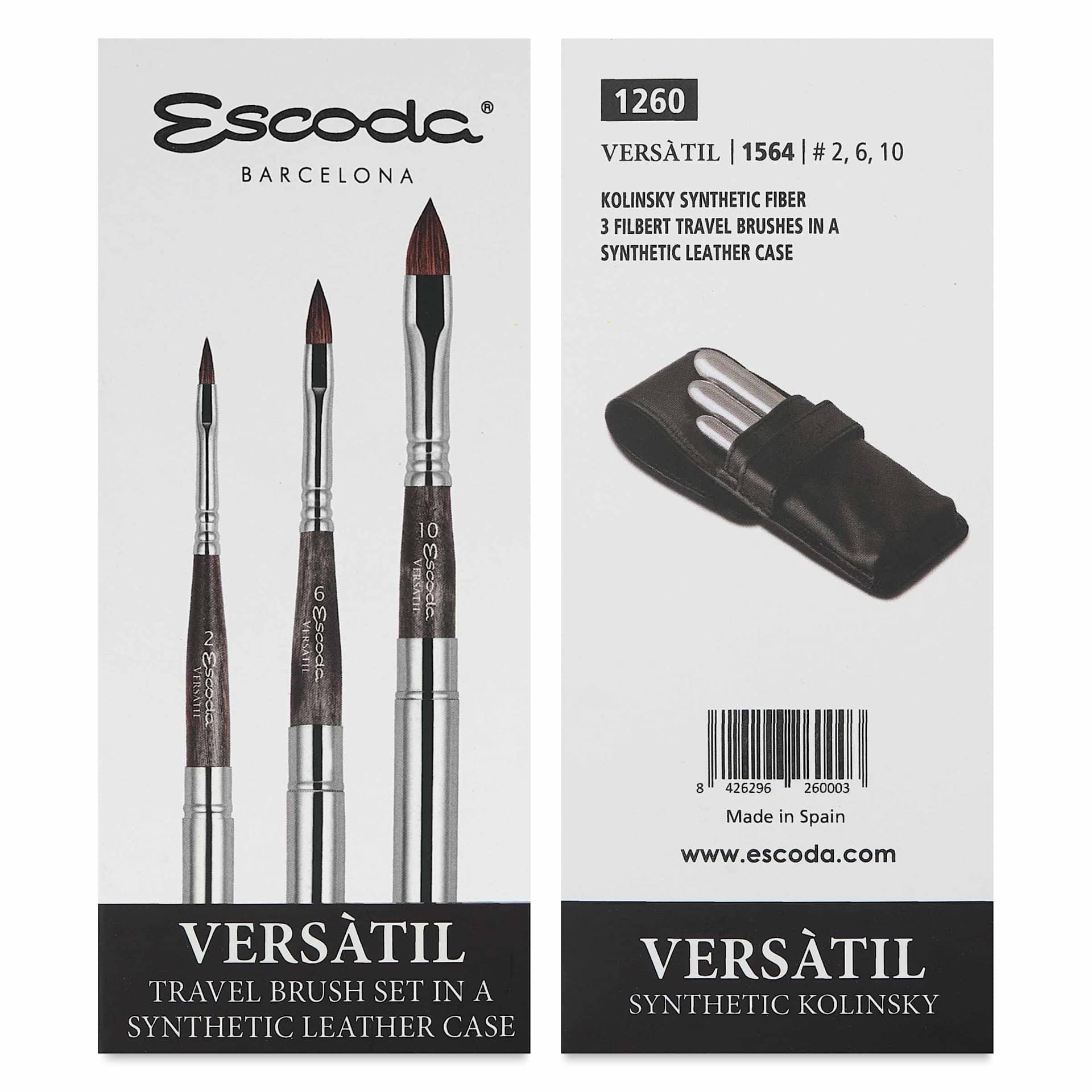 Escoda Versàtil Synthetic Kolinsky Travel Brushes - Set of 3, Filbert, front and back of packaging