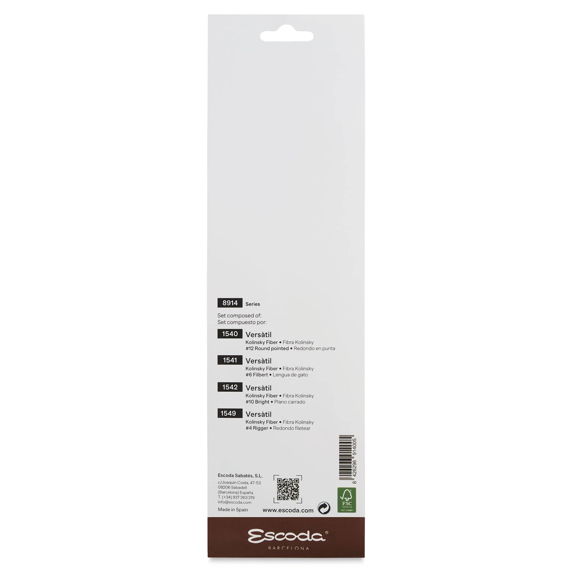 Escoda Versatil Synthetic Brushes - Series 8914, Set of 4, Short Handle, back of the packaging