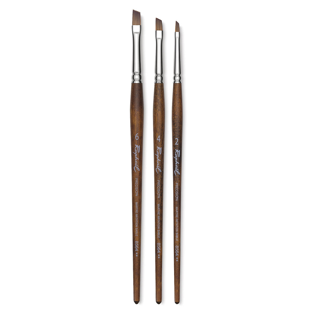 Raphaél Precision Brushes - 3 short handled Angular brushes shown upright