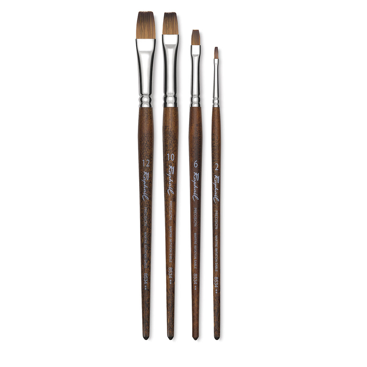 Raphaél Precision Brushes - 4 Short handled flat brushes shown upright 