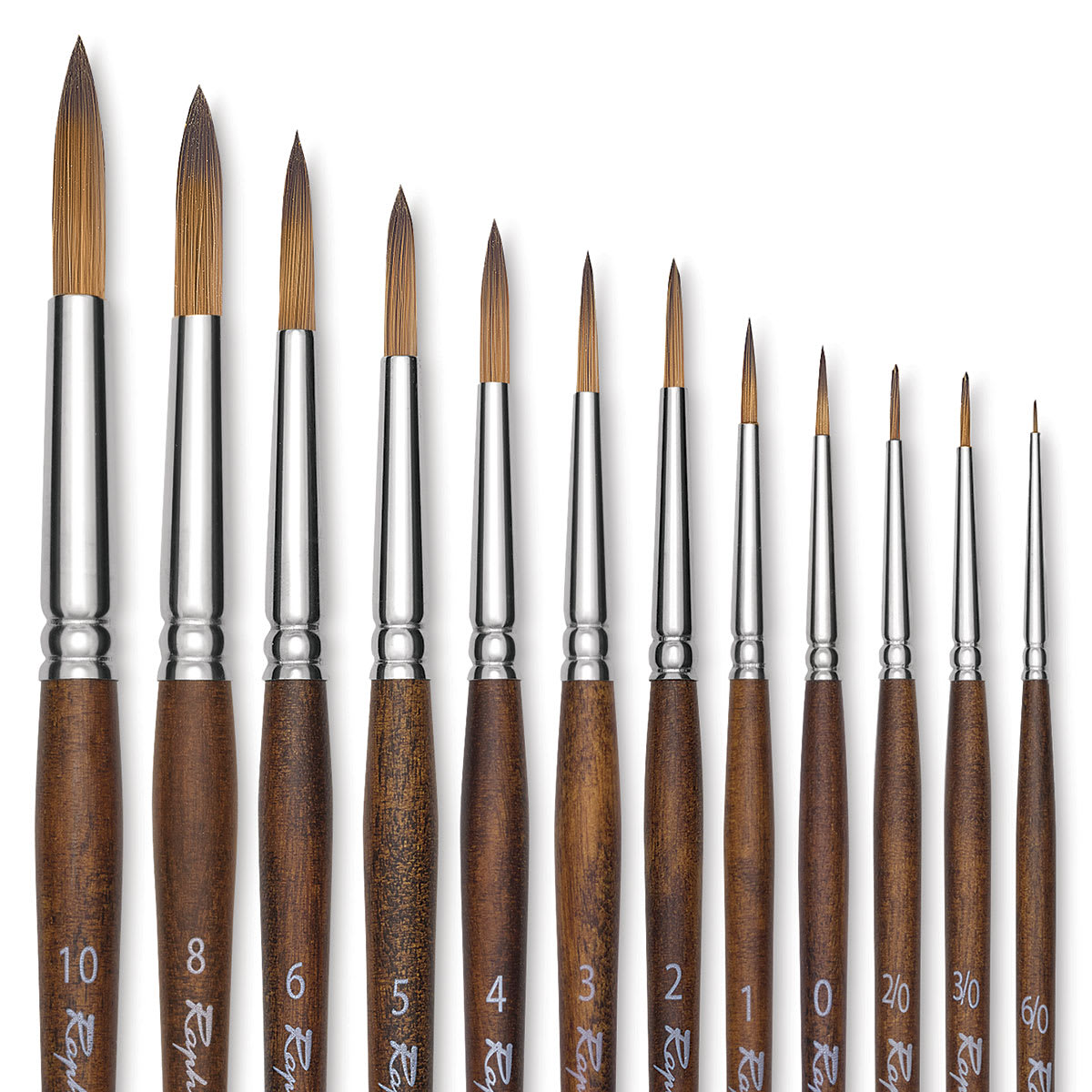Raphaél Precision Brushes - Closeup of 12 Round short handle brushes shown 