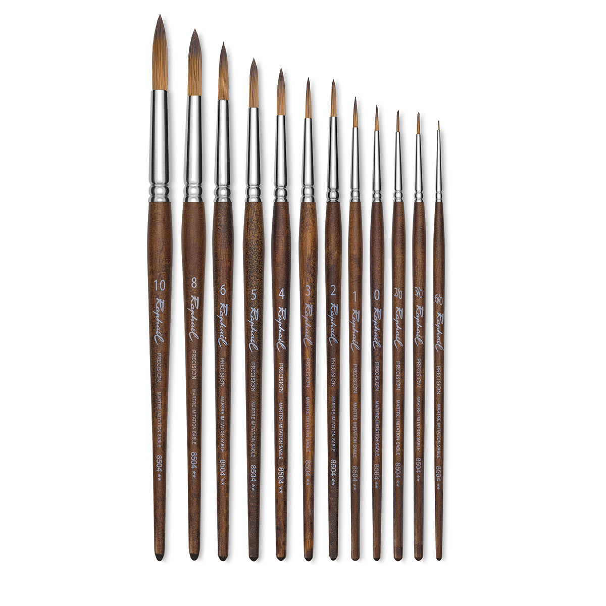 Raphaél Precision Brushes - 12 Short handled Round brushes shown upright