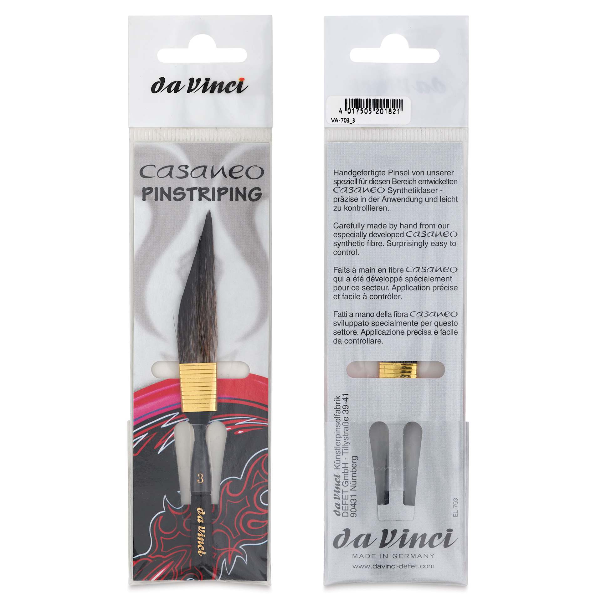 Da Vinci Casaneo Synthetic Squirrel Watercolor Brush - Dagger Striper, Size 3, Short Handle, Synthetic, front and back of packaging