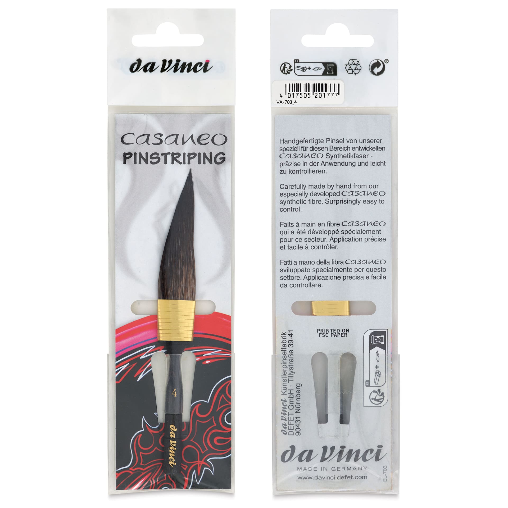 Da Vinci Casaneo Synthetic Squirrel Watercolor Brush - Dagger Striper, Size 4, Short Handle, Synthetic, front and back of packaging