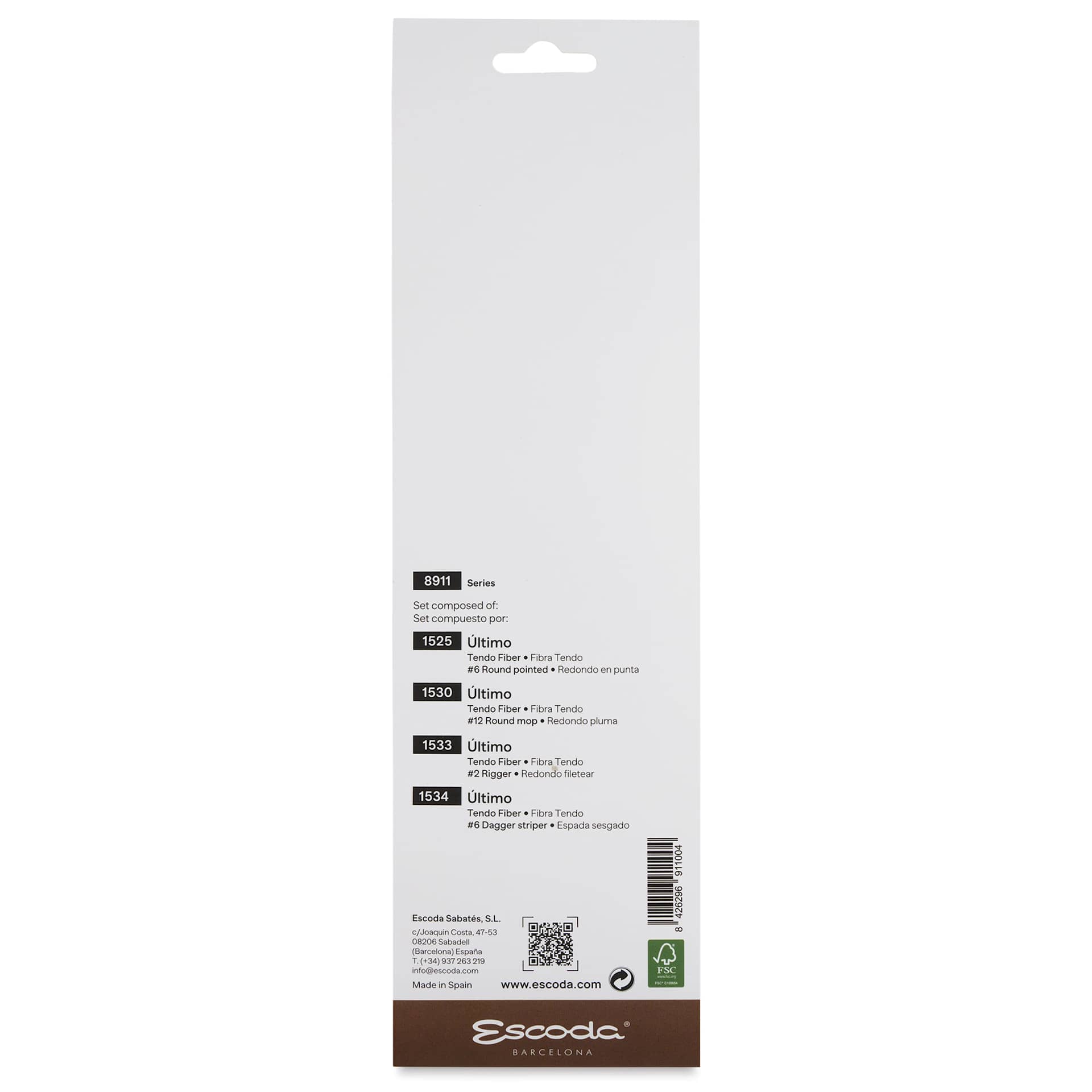 Escoda Último Synthetic Squirrel Brushes - Series 8911 Assorted, Set of 4, back of the packaging