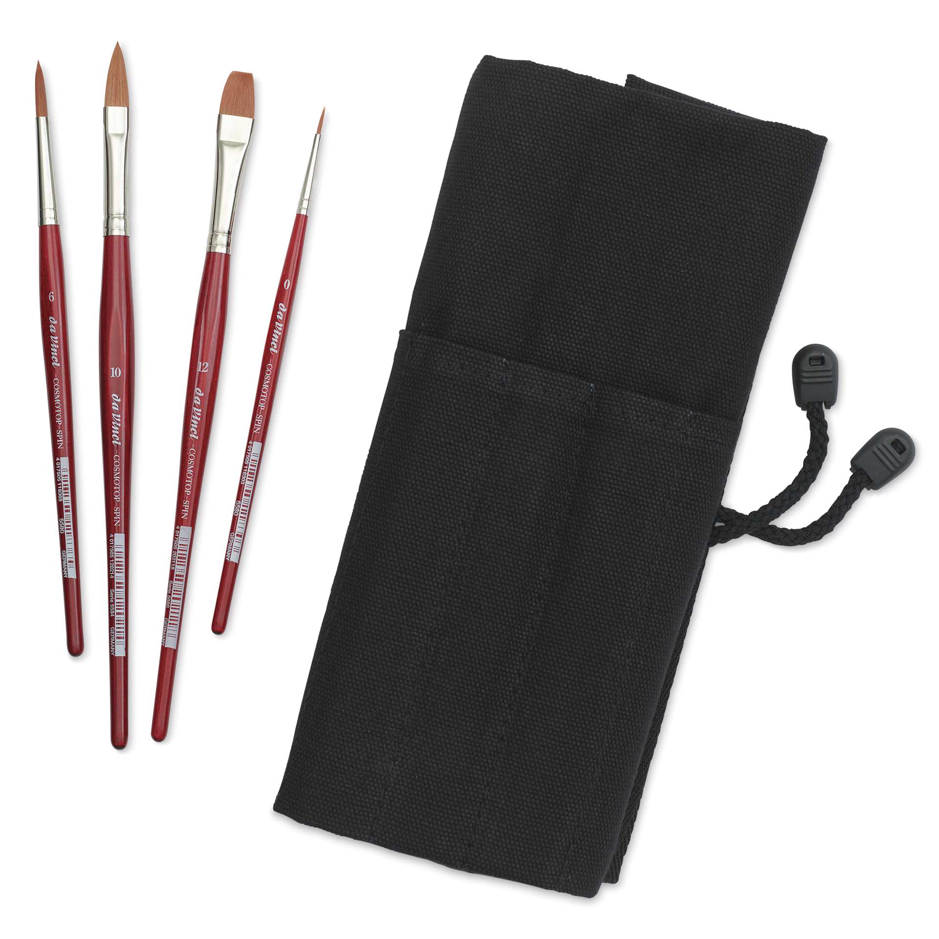 Da Vinci Cosmotop Spin Brushes - Set of 4 brushes laid out next to the Carrying Bag