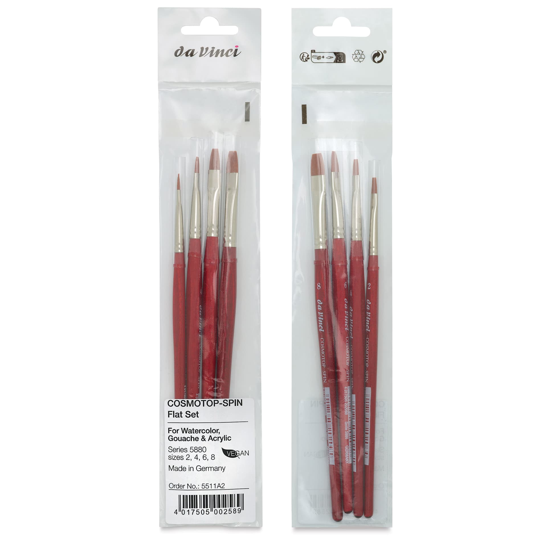 Da Vinci Cosmotop Spin Brushes - Flat, Short Handle, Set of 4, front and back of packaging