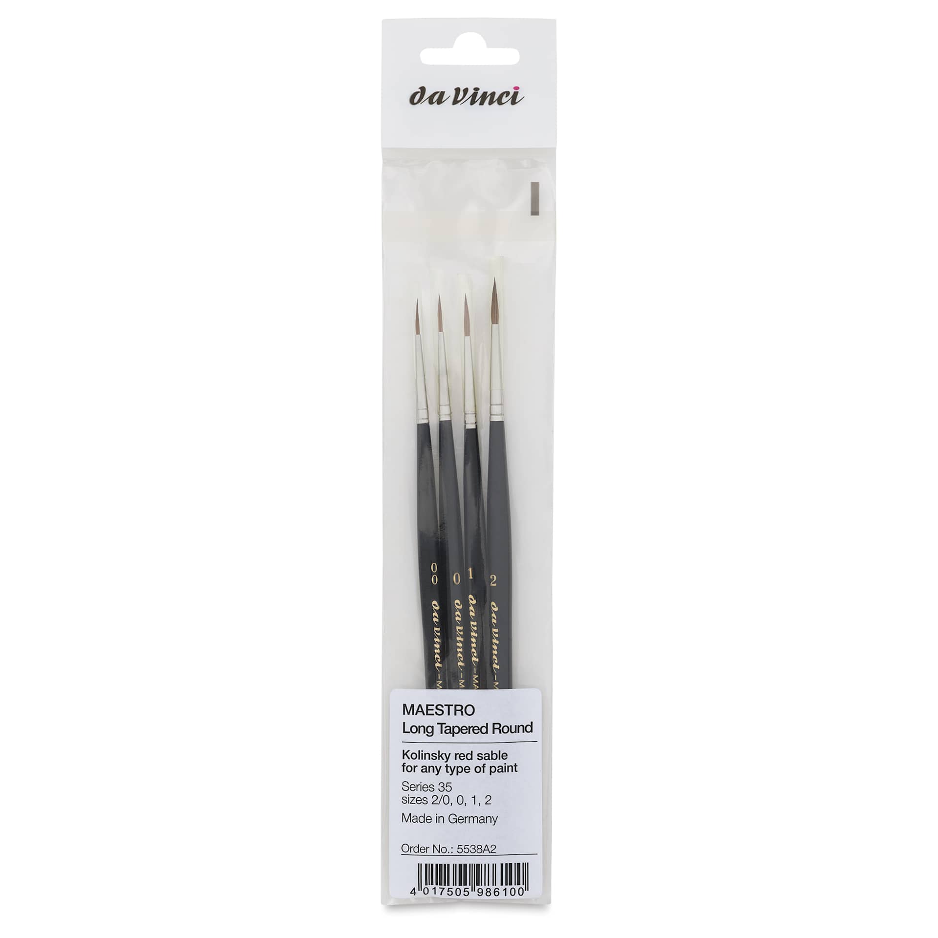 Da Vinci Maestro Kolinsky Brushes - 35 Long Tapered Round, Set of 4, front of the packaging