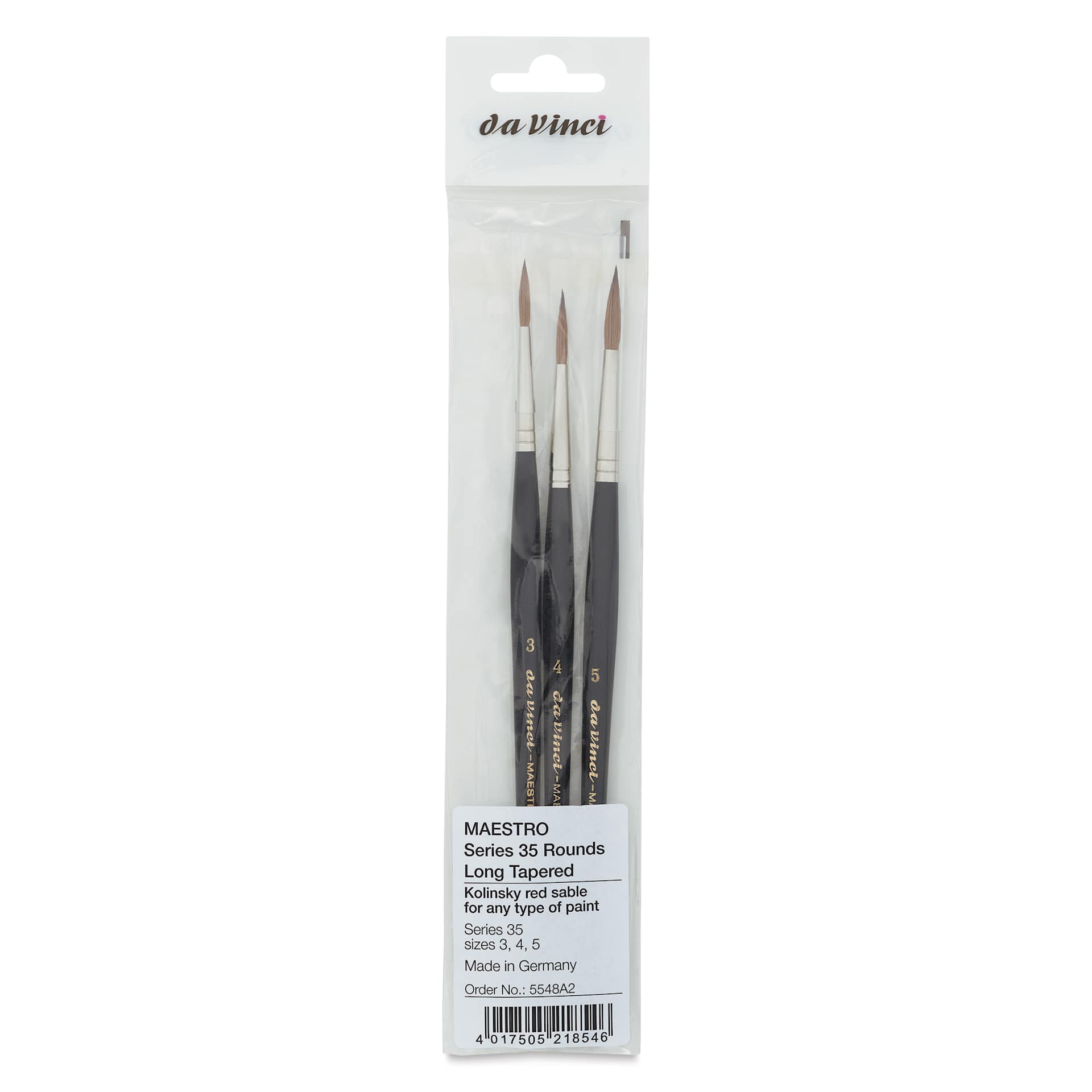 Da Vinci Maestro Kolinsky Brushes - 35 Long Tapered Round, Set of 3, front of the packaging
