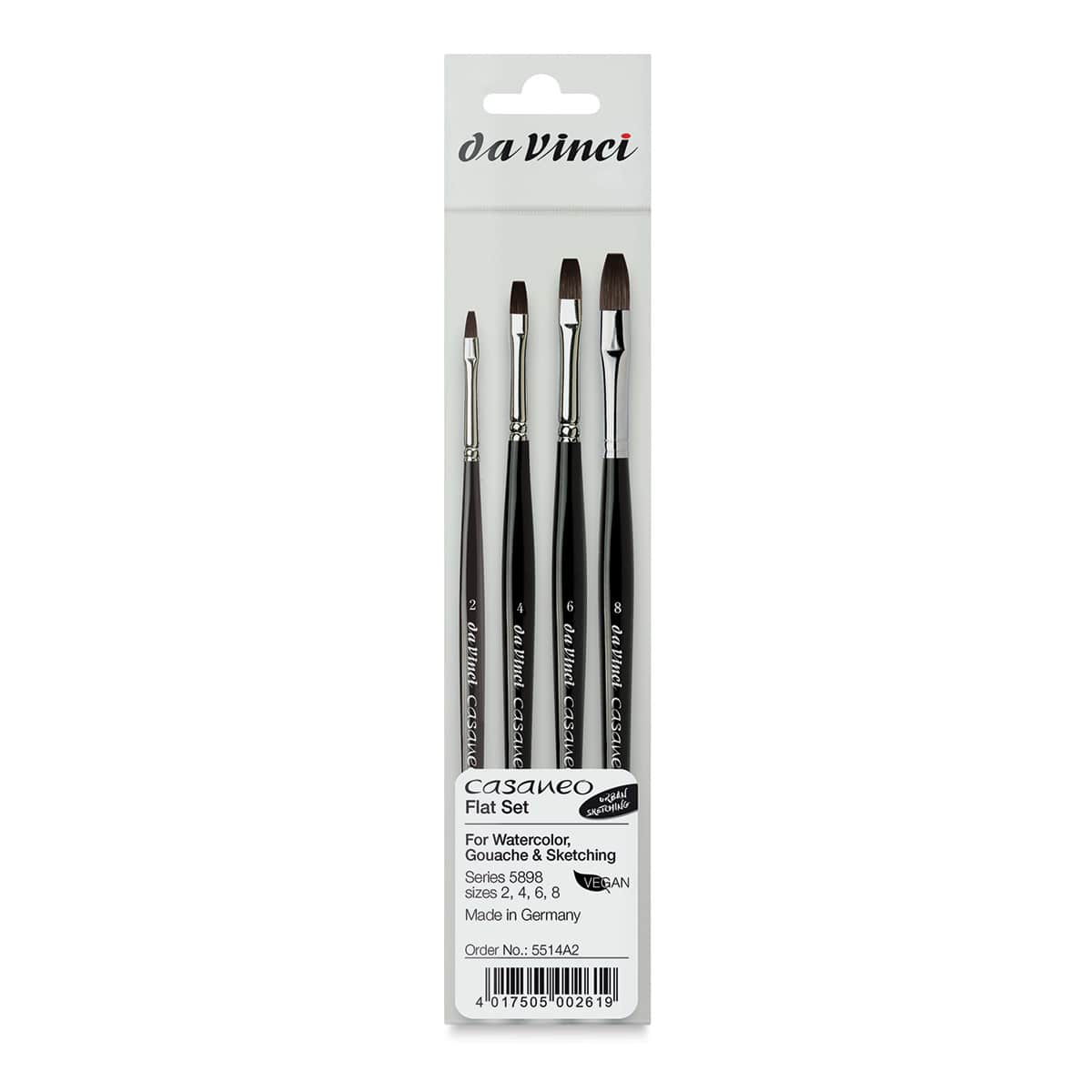 Da Vinci Casaneo Synthetic Squirrel Watercolor Brush - Front view of package of Set of 4 Flats