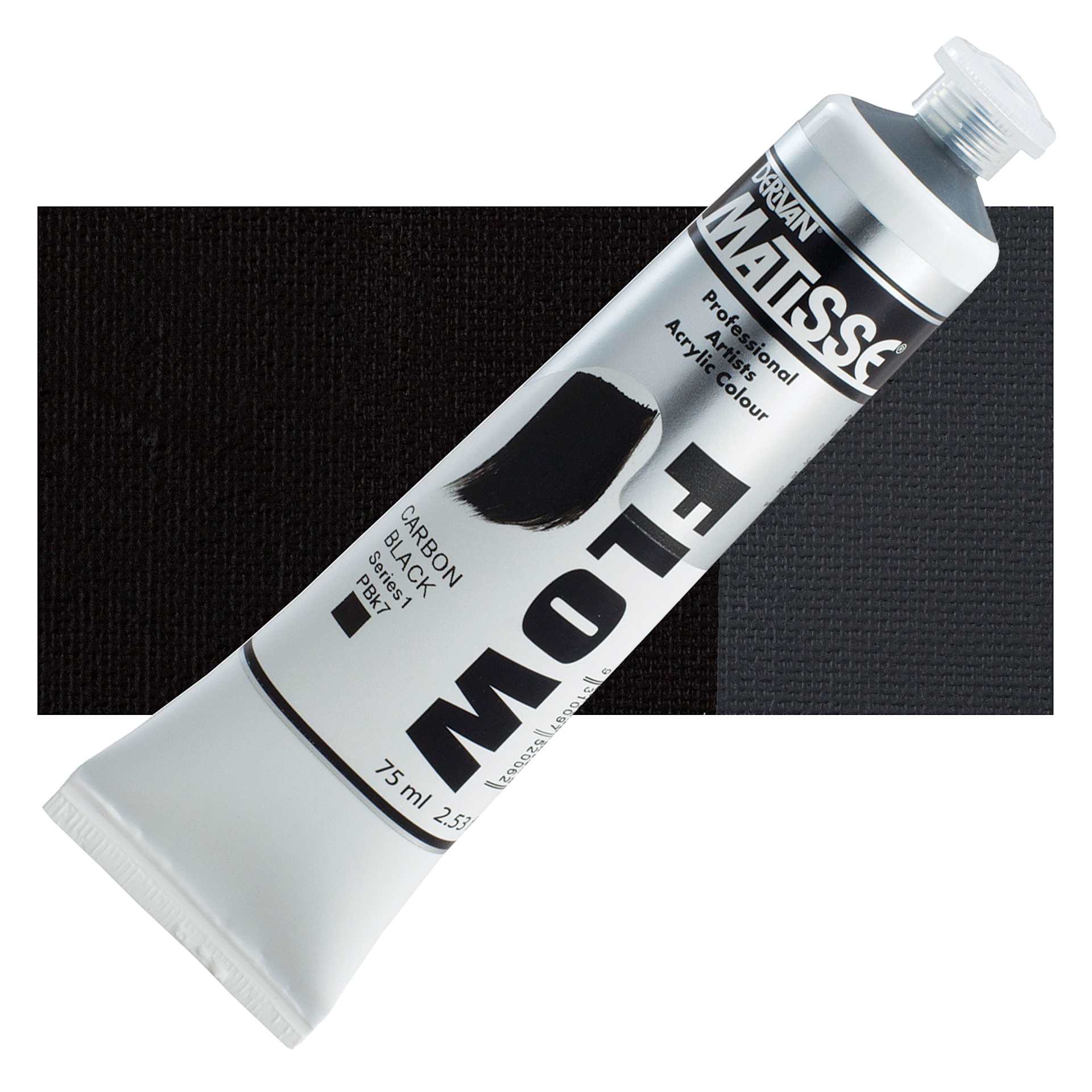 Matisse Flow Acrylic Paint - Carbon Black, 75 ml tube and swatch